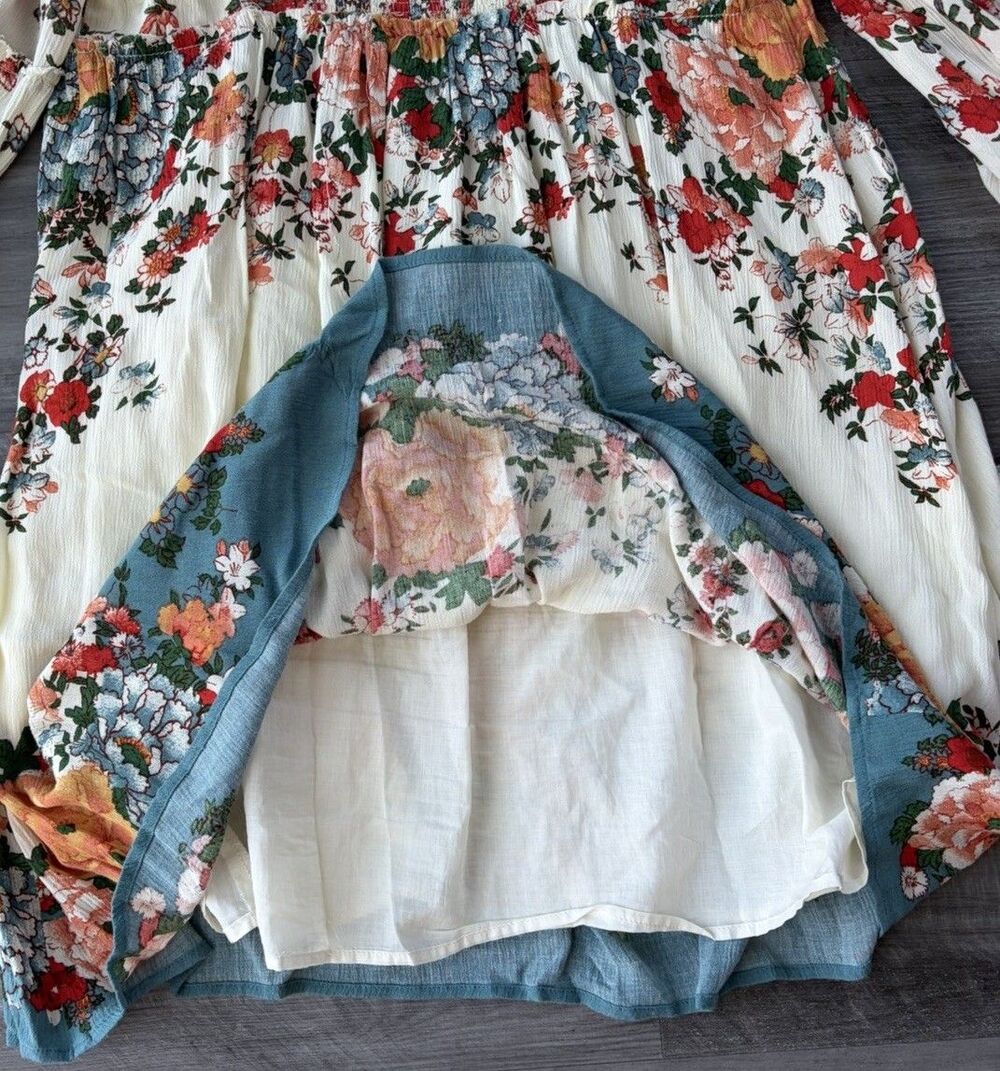 Free People Modern Chinoiserie Floral Mini Dress Boho Bell Sleeve White Teal M - Picture 6 of 8